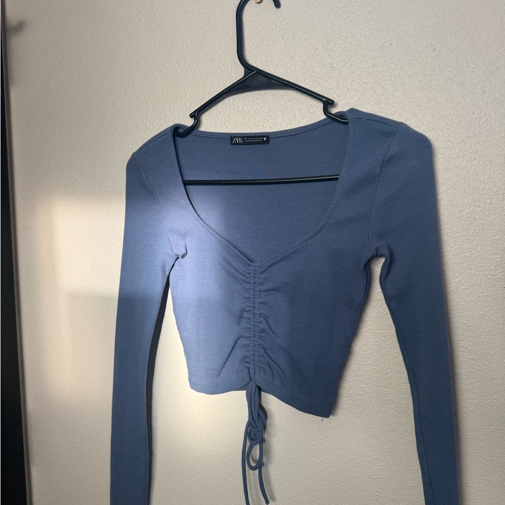 Zara Blue Ruched Crop Blouse